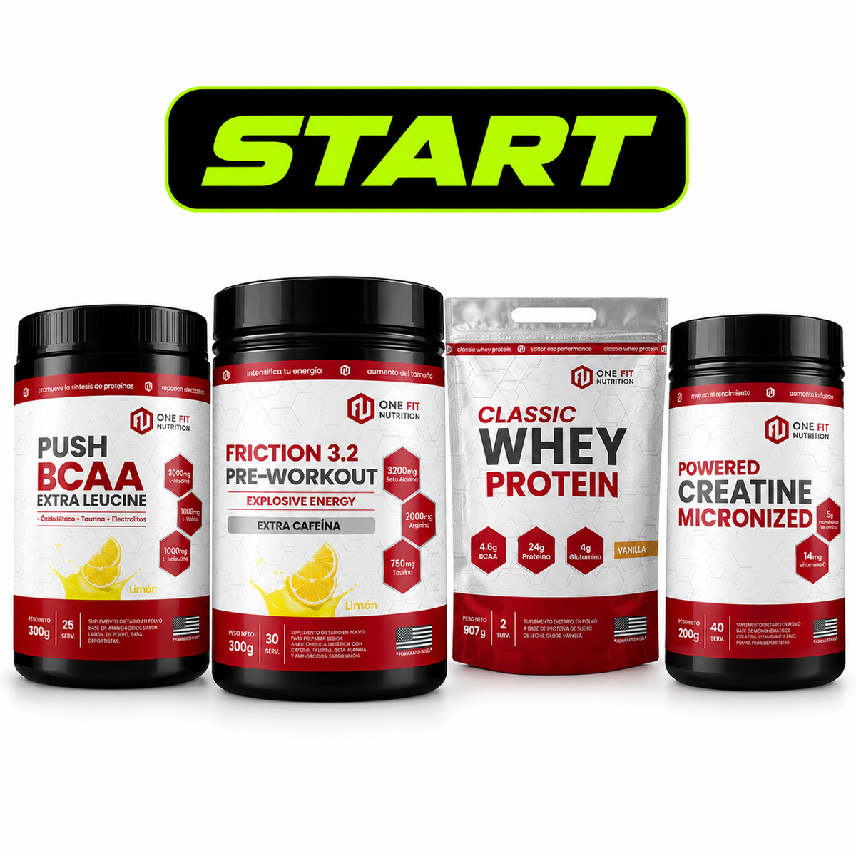 🏋 COMBO RENDIMIENTO — Whey + Creatina + Pre-entreno + BCAA (Start)