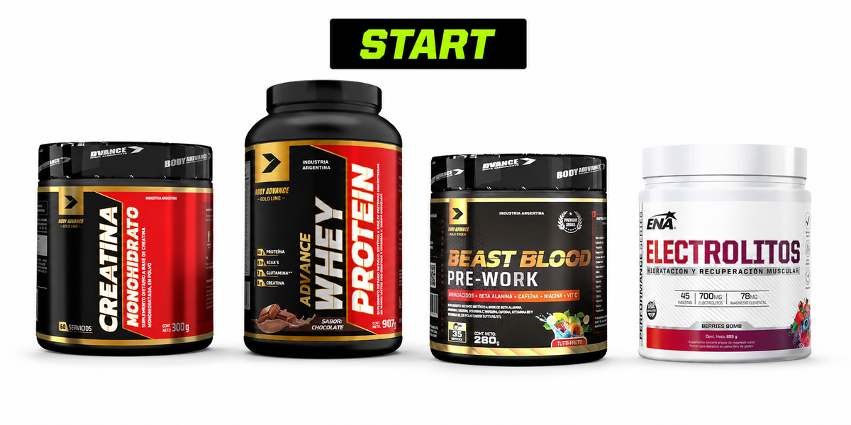 🏋 COMBO RENDIMIENTO — Whey + Creatina + Pre-entreno + Electrolitos (Start)